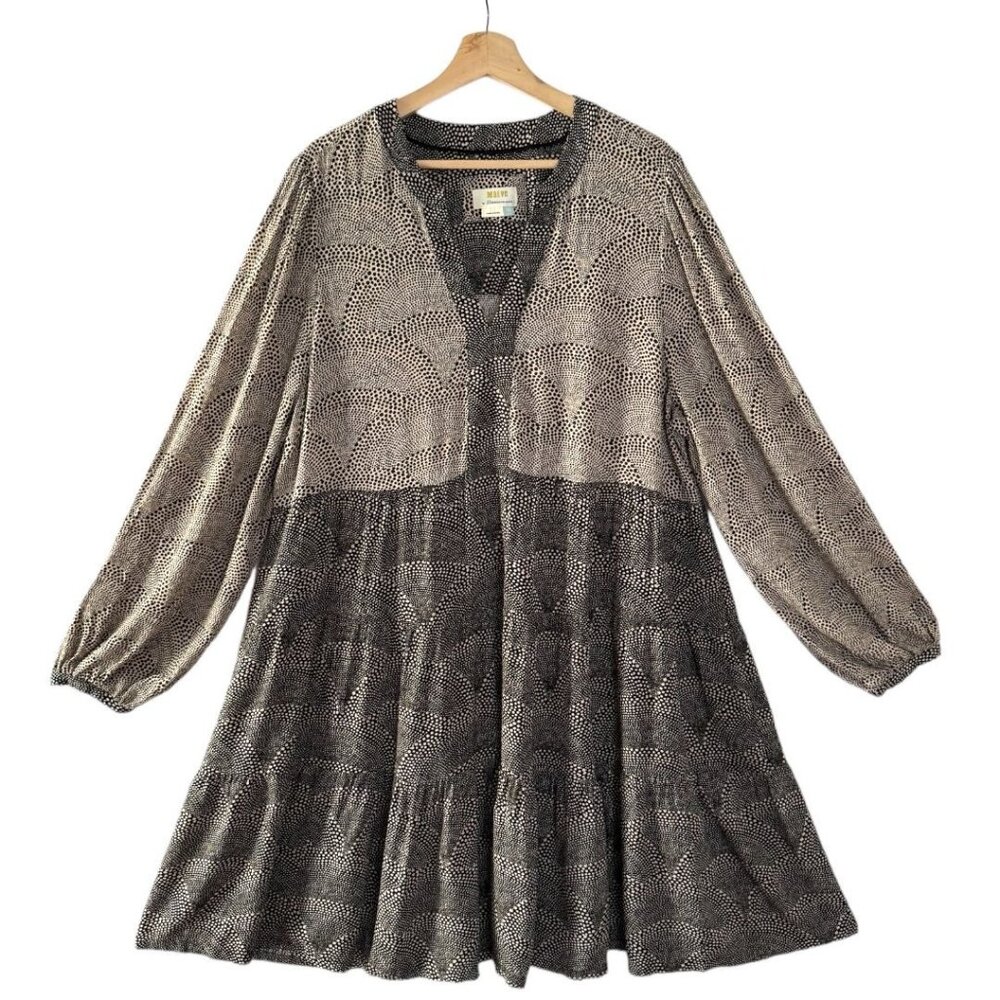 Maeve A+ Anthropologie Amber Black Tan Swirl Dot Long Sleeve Tiered Tunic Dress